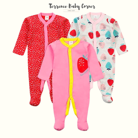 3pc Strawberry Sleepsuit Set