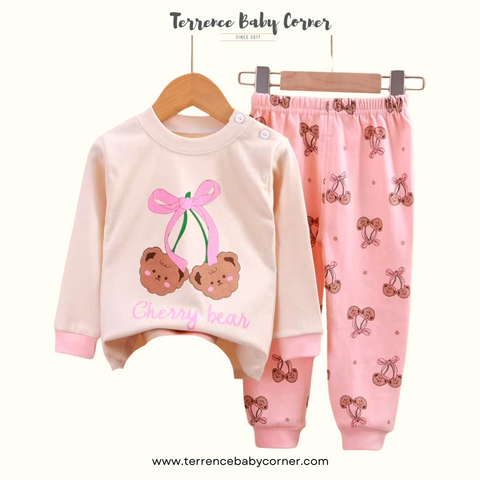 Toddler Kids Girl Cherry Bear Longsleeve Pants Set