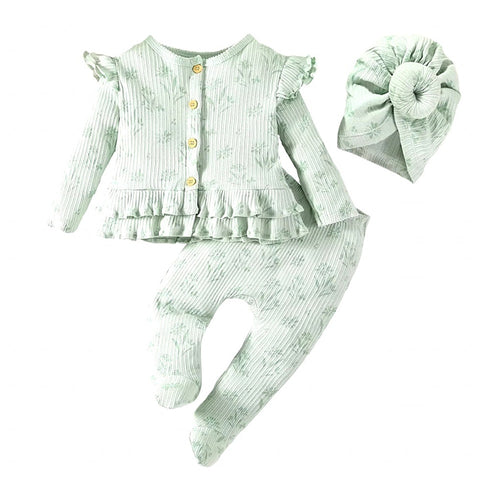 3-Piece Mint Green Baby Girl Cardigan Pants with Bonnet Set