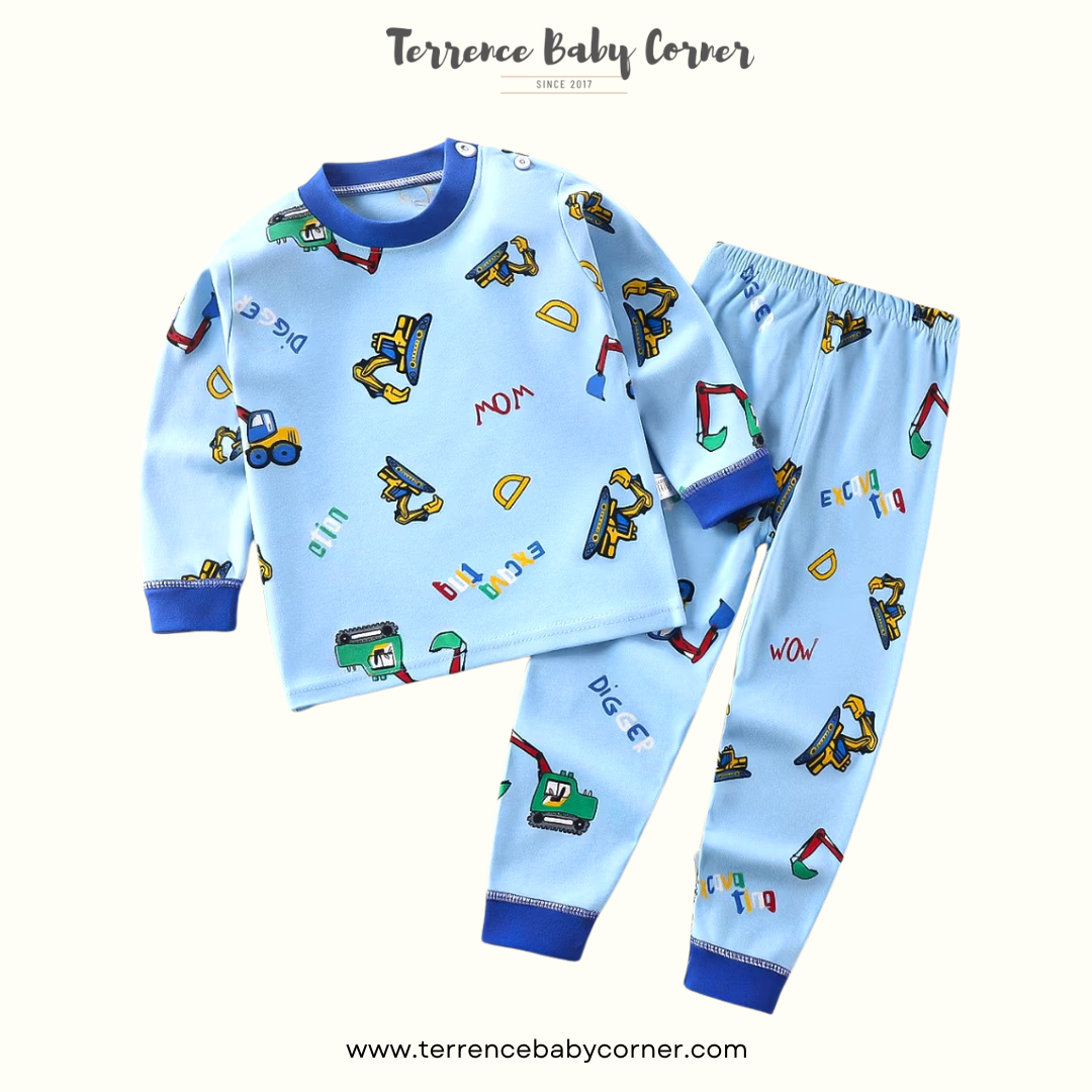 Toddler Kids Blue Excavator Longsleeve Pants Sleepwear Set