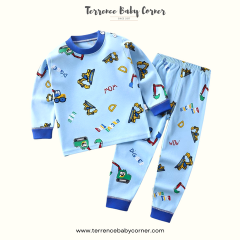 Toddler Kids Blue Excavator Longsleeve Pants Sleepwear Set