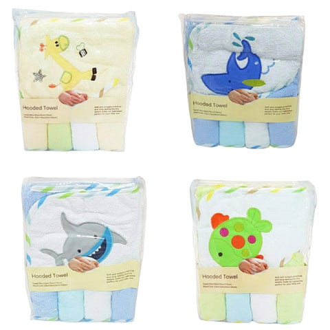 Hooded Baby Boy Bath Towel with 4pc Washcloths Set