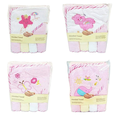 Hooded Baby Girl Bath Towel with 4pc Washcloths Set