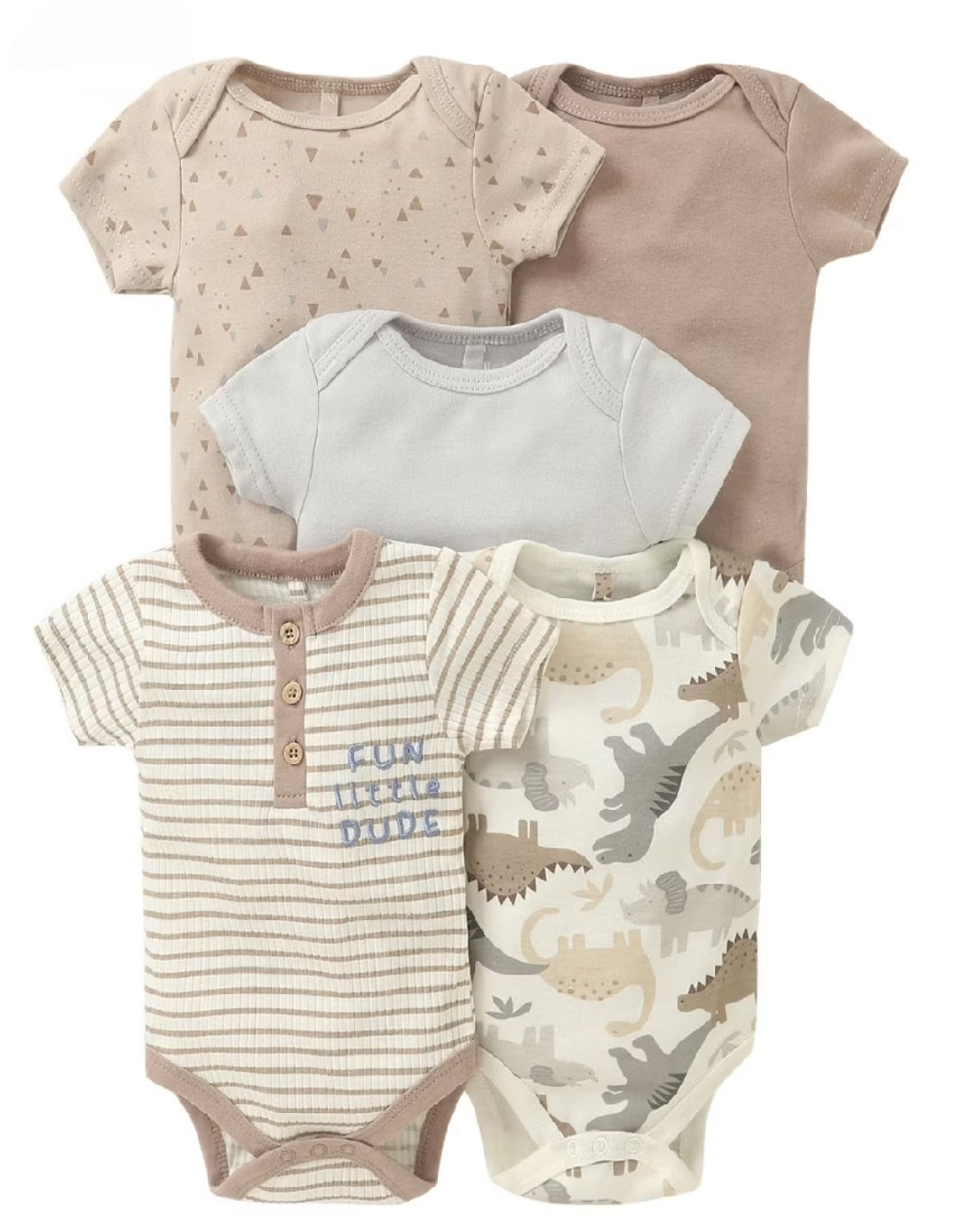 5pc Dinosaur Neutral Color Bodysuit Clothes Set