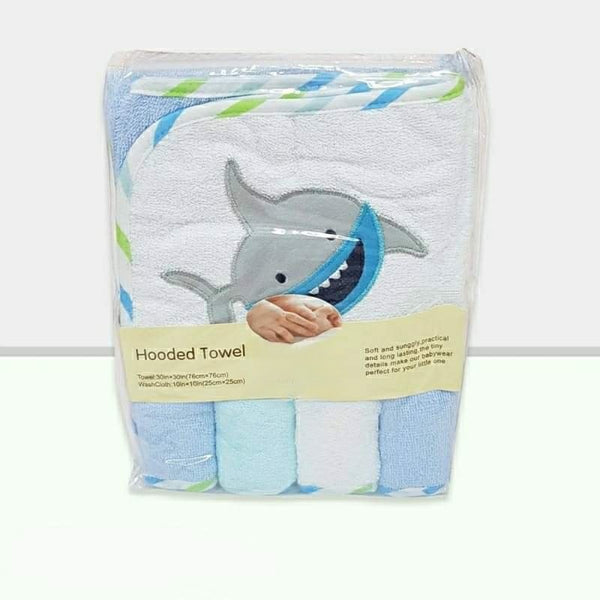 Hooded Baby Boy Bath Towel with 4pc Washcloths Set