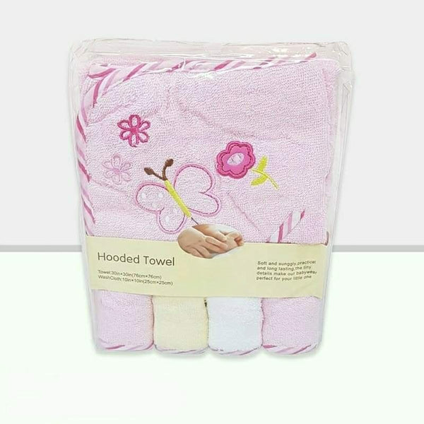 Hooded Baby Girl Bath Towel with 4pc Washcloths Set