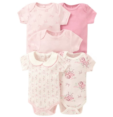 5pc Floral Pink Bodysuit Onesies Set