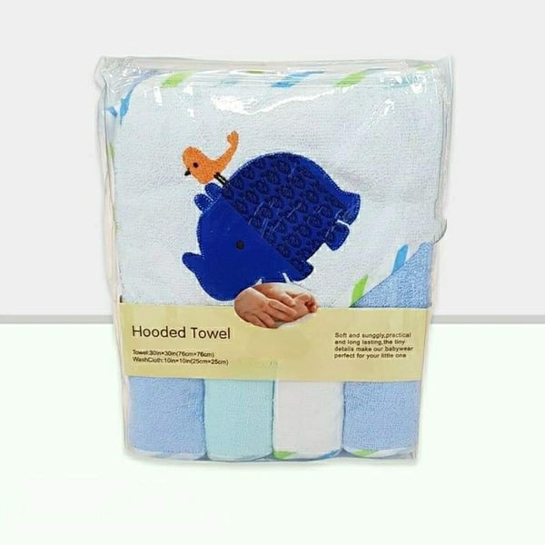 Hooded Baby Boy Bath Towel with 4pc Washcloths Set