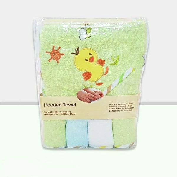 Hooded Baby Boy Bath Towel with 4pc Washcloths Set