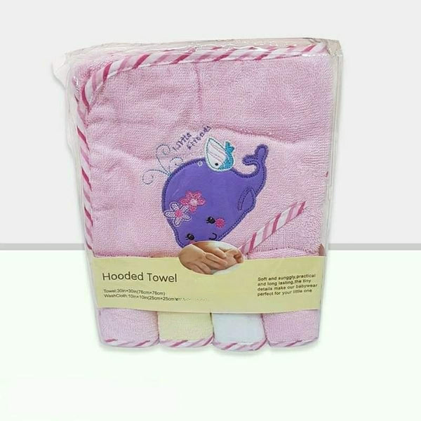 Hooded Baby Girl Bath Towel with 4pc Washcloths Set