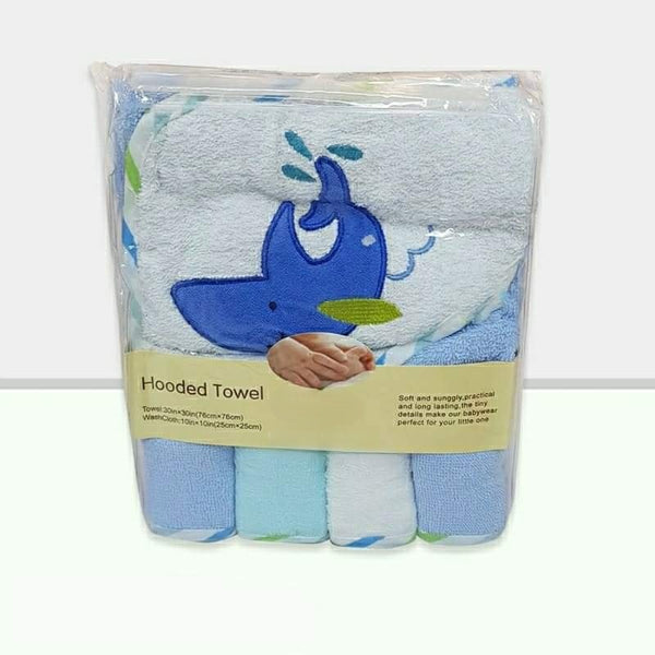 Hooded Baby Boy Bath Towel with 4pc Washcloths Set
