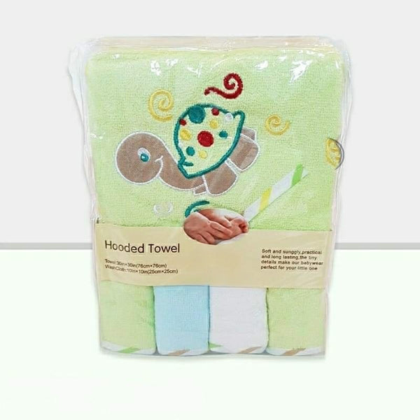 Hooded Baby Boy Bath Towel with 4pc Washcloths Set