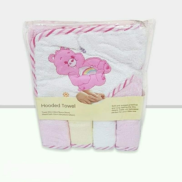 Hooded Baby Girl Bath Towel with 4pc Washcloths Set
