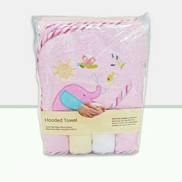 Hooded Baby Girl Bath Towel with 4pc Washcloths Set