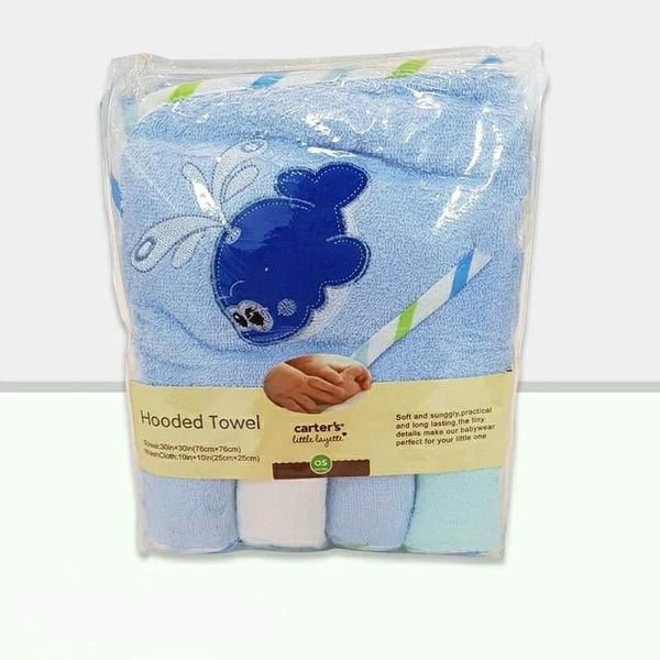 Hooded Baby Boy Bath Towel with 4pc Washcloths Set