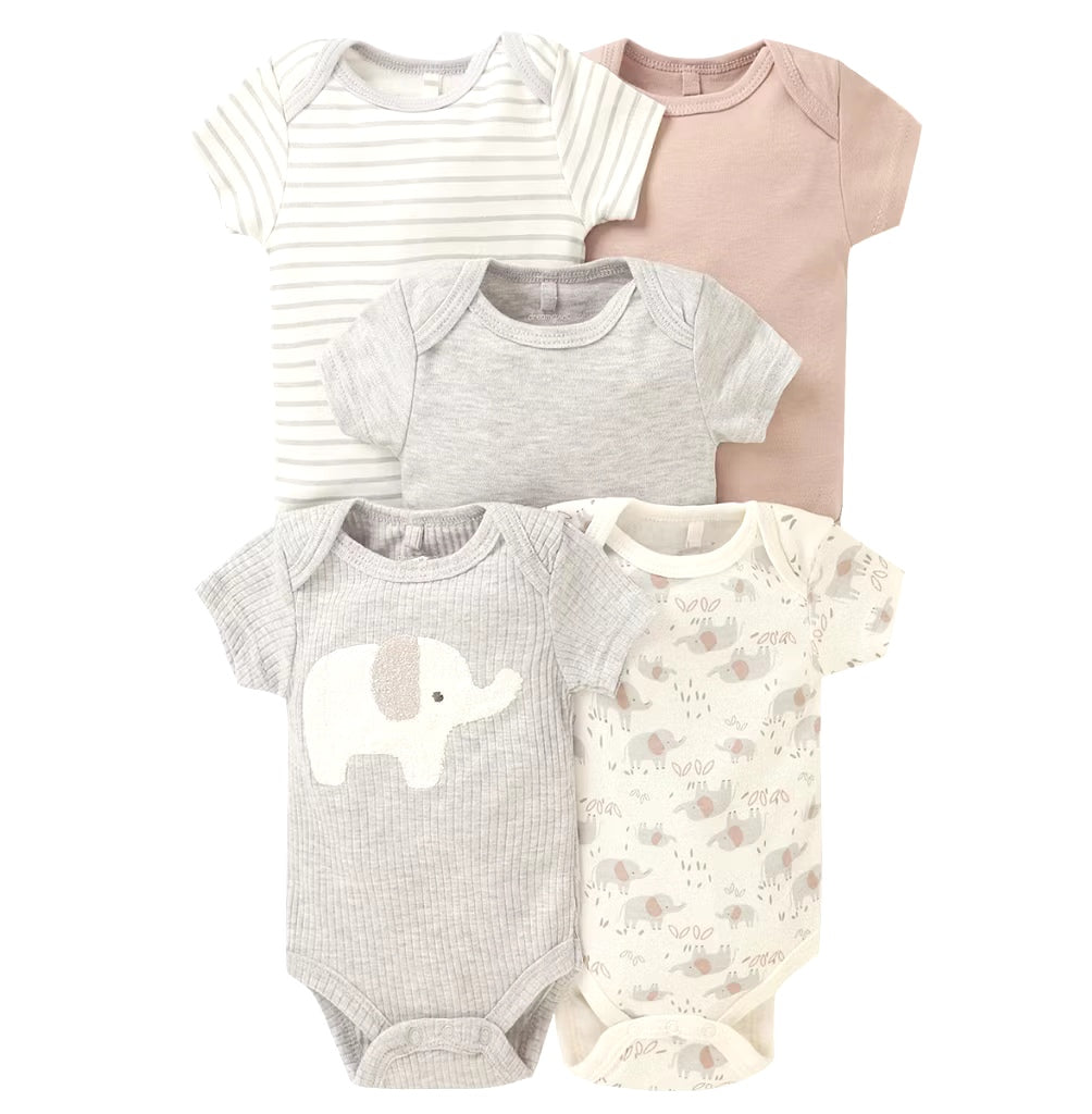 5pc Gray Elephant Infant Unisex Bodysuit Set