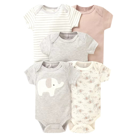 5pc Gray Elephant Infant Unisex Bodysuit Set